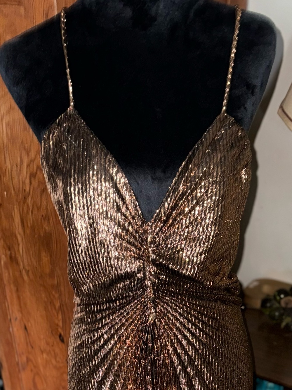 70’s -80’s Metallic Bronze Stash brand pleated  cocktail dress.   vintage disco